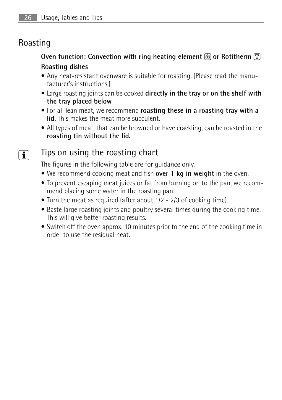 Roasting, Tips on using the roasting chart | Electrolux B2100-5 User Manual | Page 26 / 52