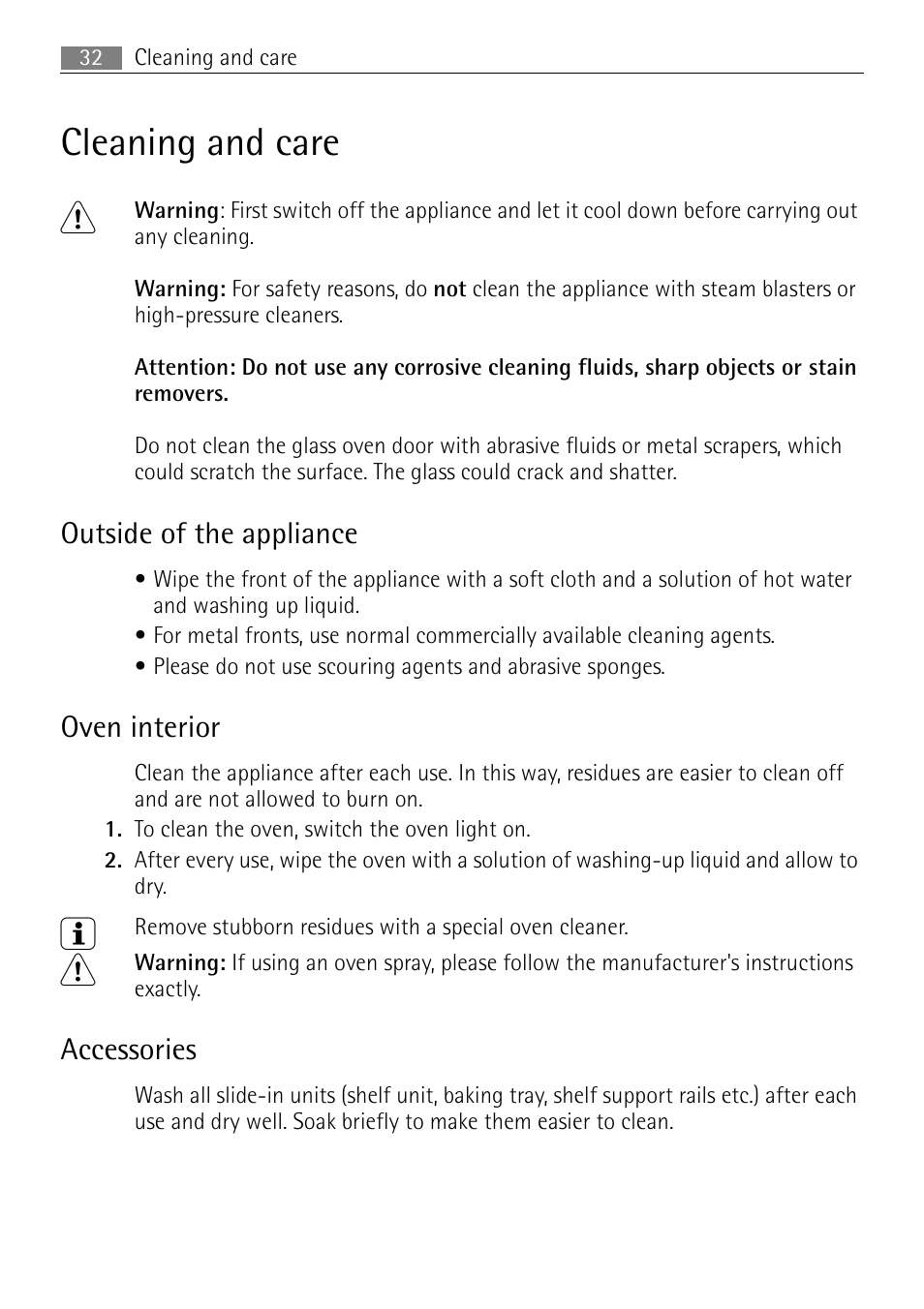 Cleaning and care 1, Outside of the appliance, Oven interior | Accessories | Electrolux B2100-5 User Manual | Page 32 / 52