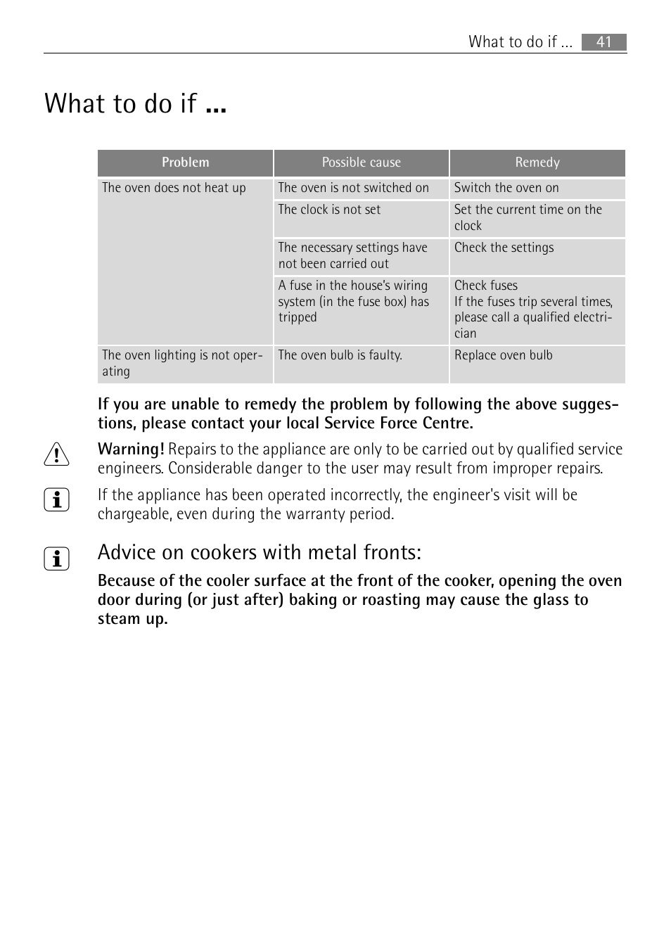 What to do if, Advice on cookers with metal fronts | Electrolux B2100-5 User Manual | Page 41 / 52