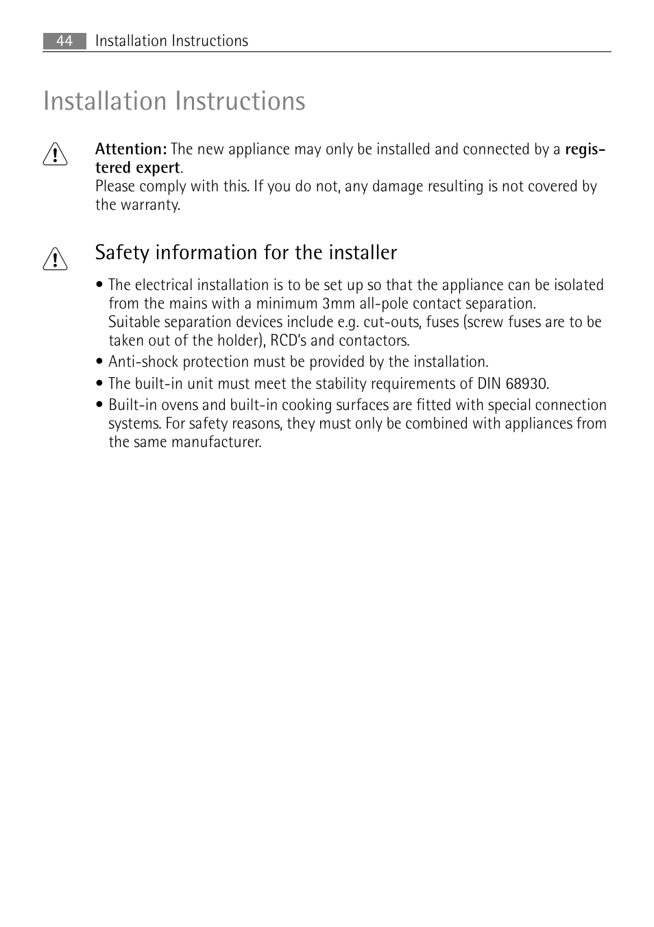 Installation instructions 1, Safety information for the installer | Electrolux B2100-5 User Manual | Page 44 / 52