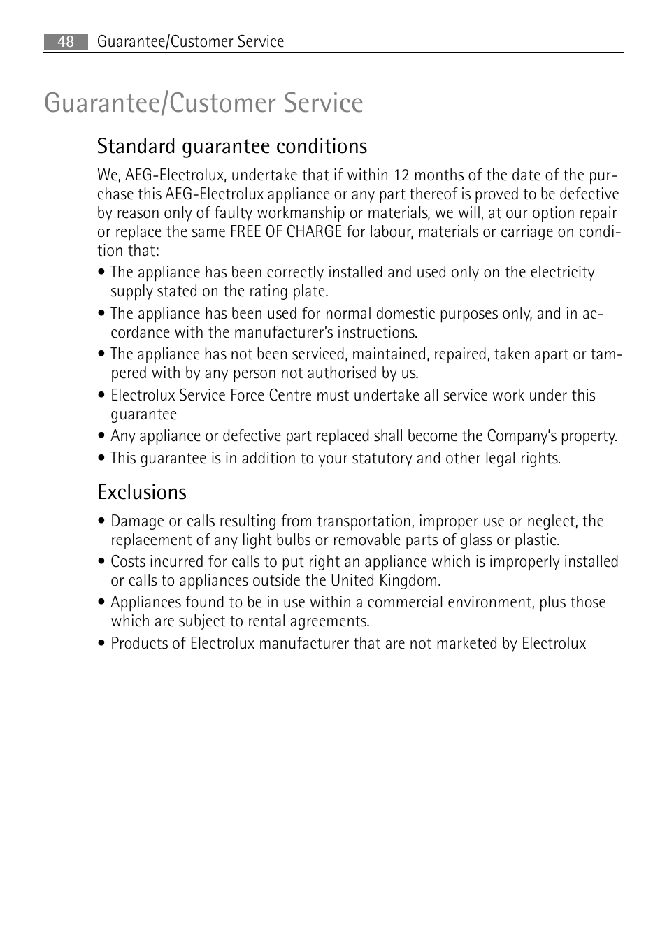 Guarantee/customer service, Standard guarantee conditions, Exclusions | Electrolux B2100-5 User Manual | Page 48 / 52