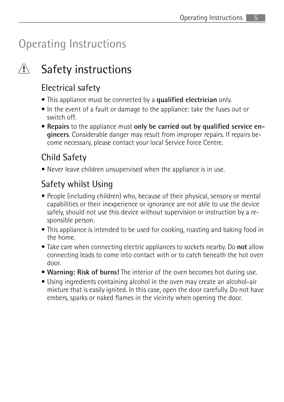 Operating instructions 1 safety instructions, Electrical safety, Child safety | Safety whilst using | Electrolux B2100-5 User Manual | Page 5 / 52