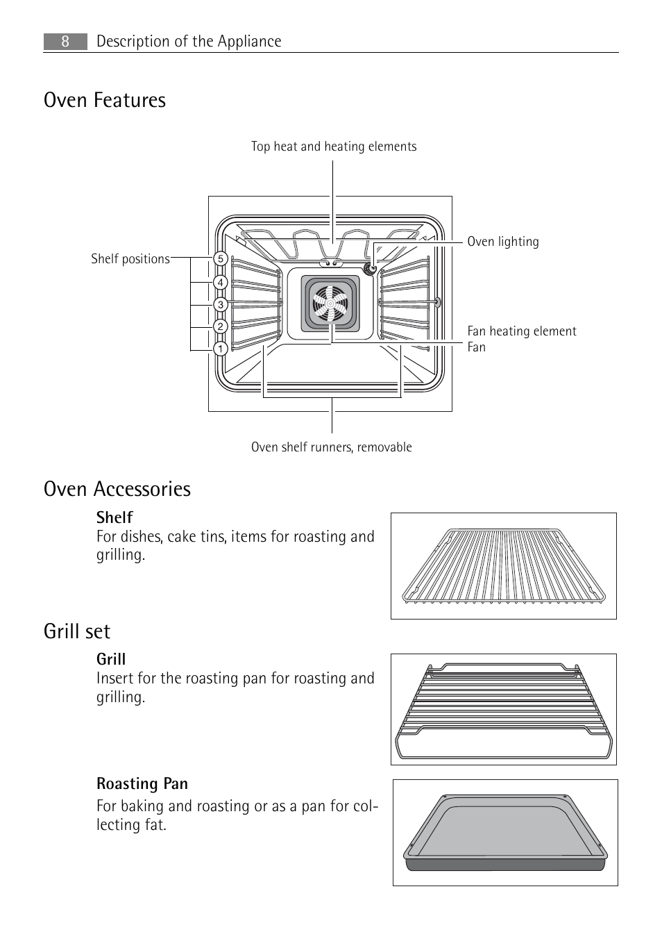 Oven features, Oven accessories, Grill set | Electrolux B2100-5 User Manual | Page 8 / 52