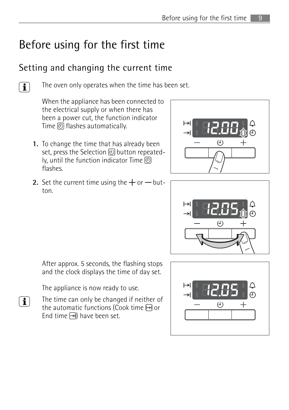 Before using for the first time, Setting and changing the current time | Electrolux B2100-5 User Manual | Page 9 / 52