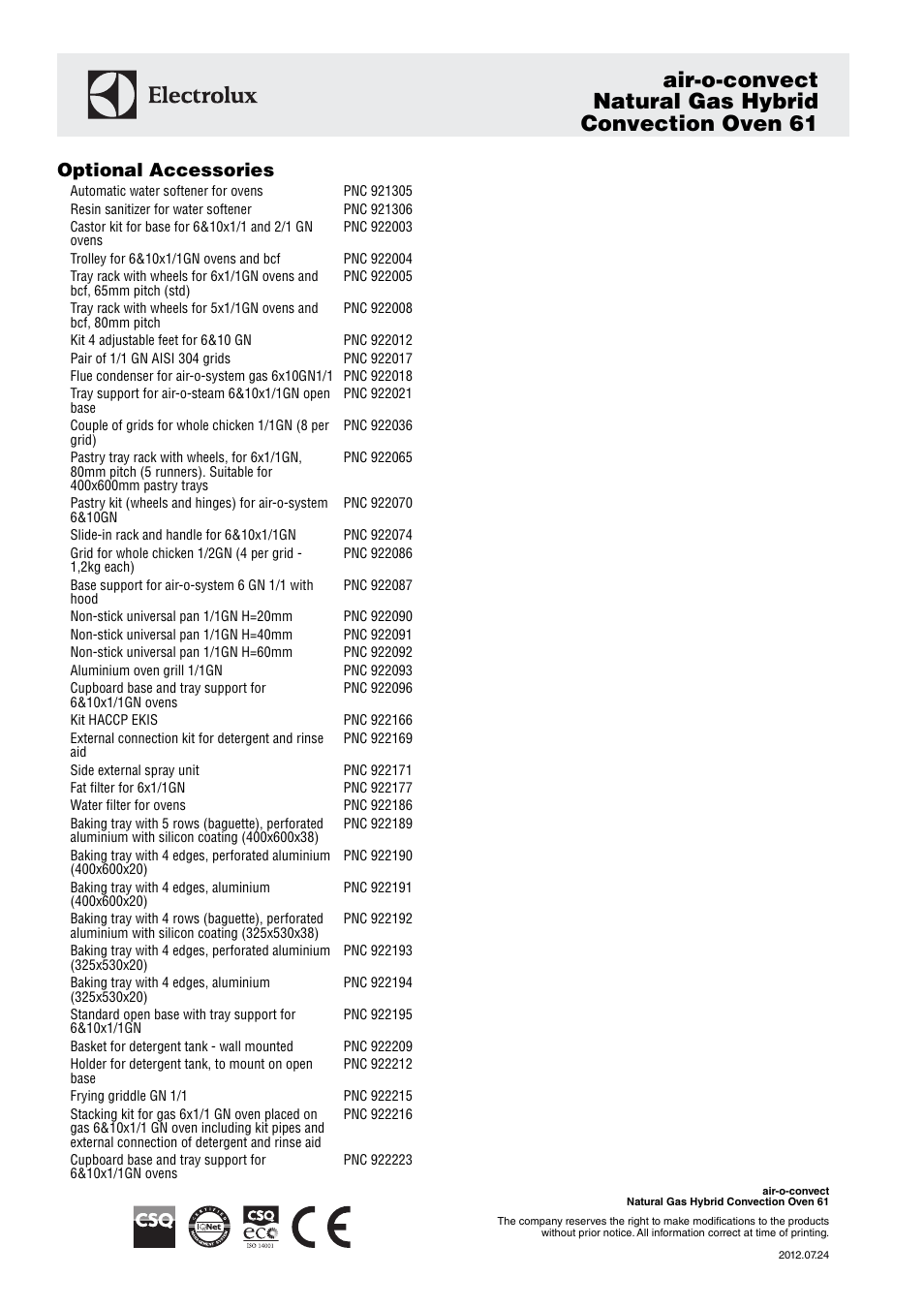 Optional accessories | Electrolux Air-o-convect G1 User Manual | Page 3 / 3