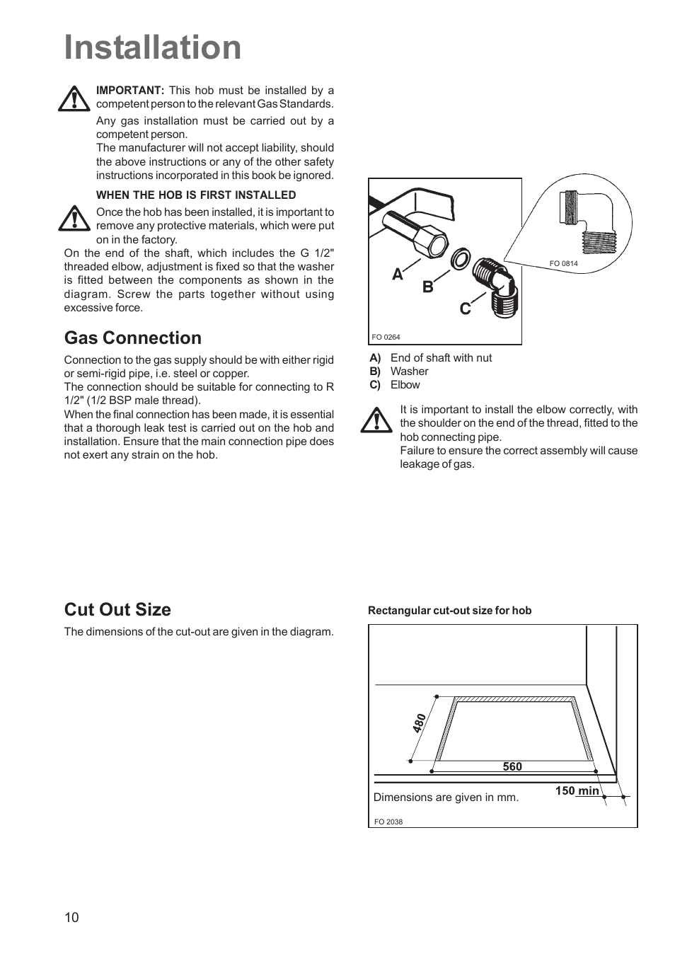 Installation, Gas connection, Cut out size | Electrolux EHG 7763 User Manual | Page 10 / 16