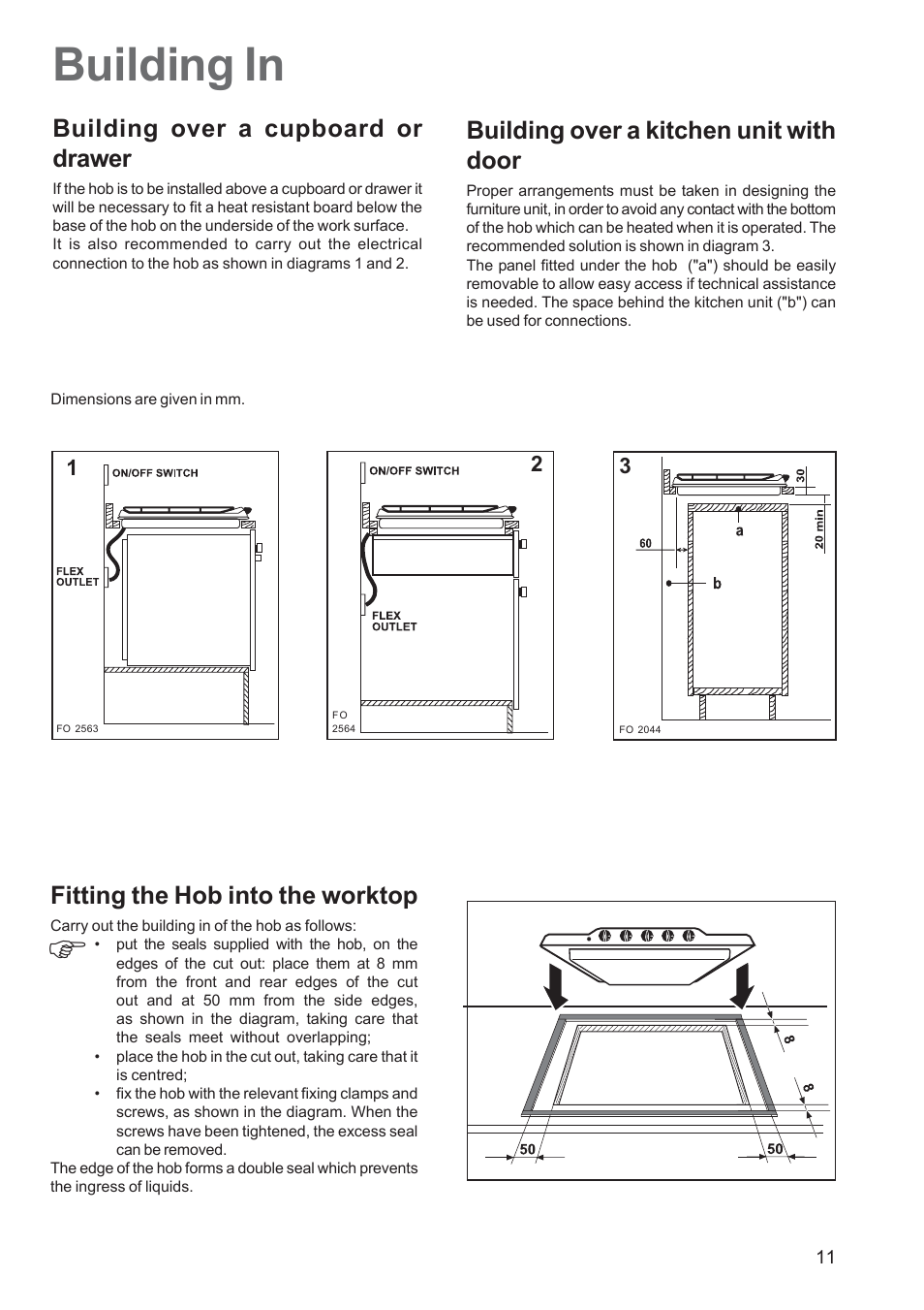 Building in, Building over a cupboard or drawer, Building over a kitchen unit with door | Fitting the hob into the worktop | Electrolux EHG 7763 User Manual | Page 11 / 16