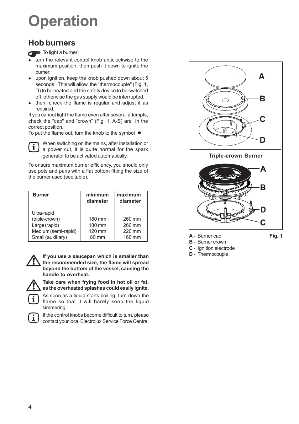 Operation, Hob burners, Ab d c | Electrolux EHG 7763 User Manual | Page 4 / 16