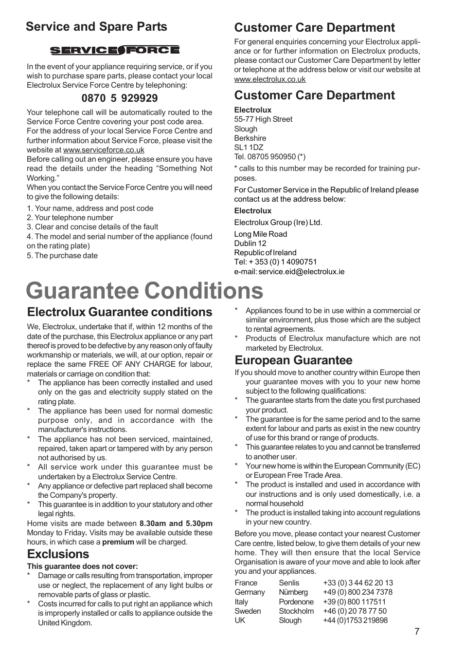 Guarantee conditions, Service and spare parts, Customer care department | Electrolux guarantee conditions, Exclusions, European guarantee | Electrolux EHG 7763 User Manual | Page 7 / 16