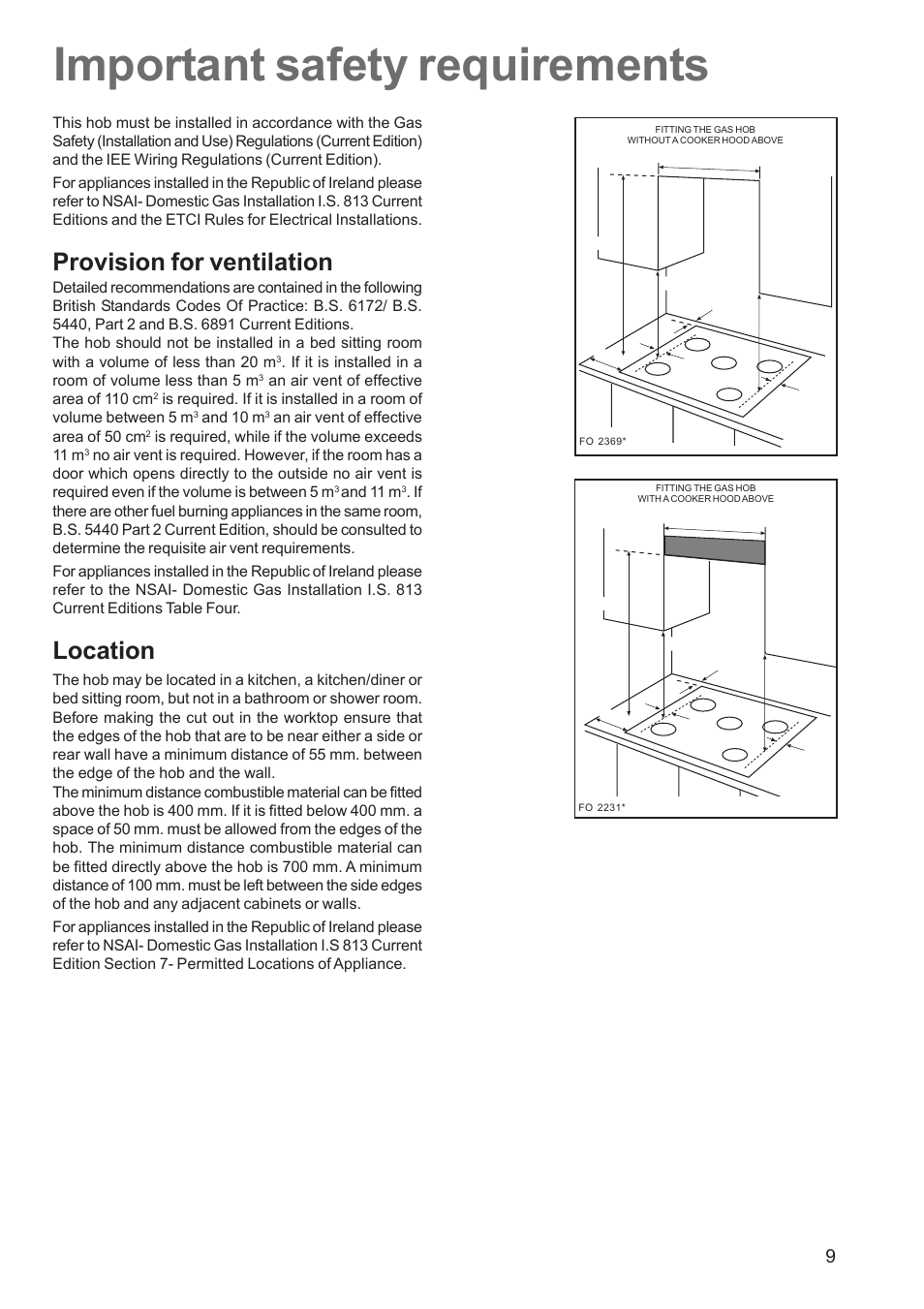 Important safety requirements, Provision for ventilation, Location | Electrolux EHG 7763 User Manual | Page 9 / 16