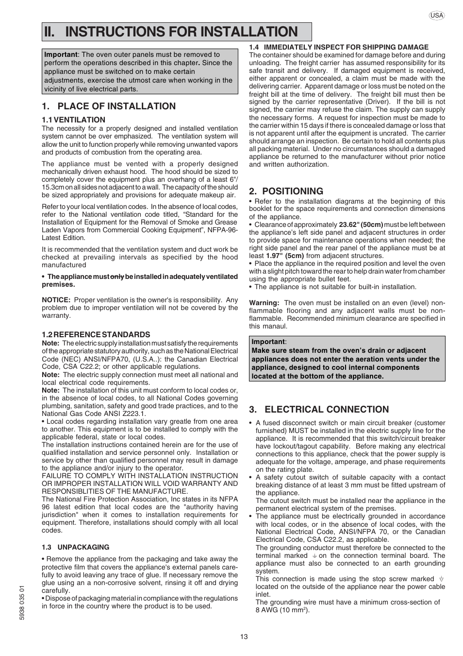 Ii. instructions for installation, Positioning, Electrical connection | Place of installation | Electrolux Air-O-Convect 269091 User Manual | Page 13 / 30