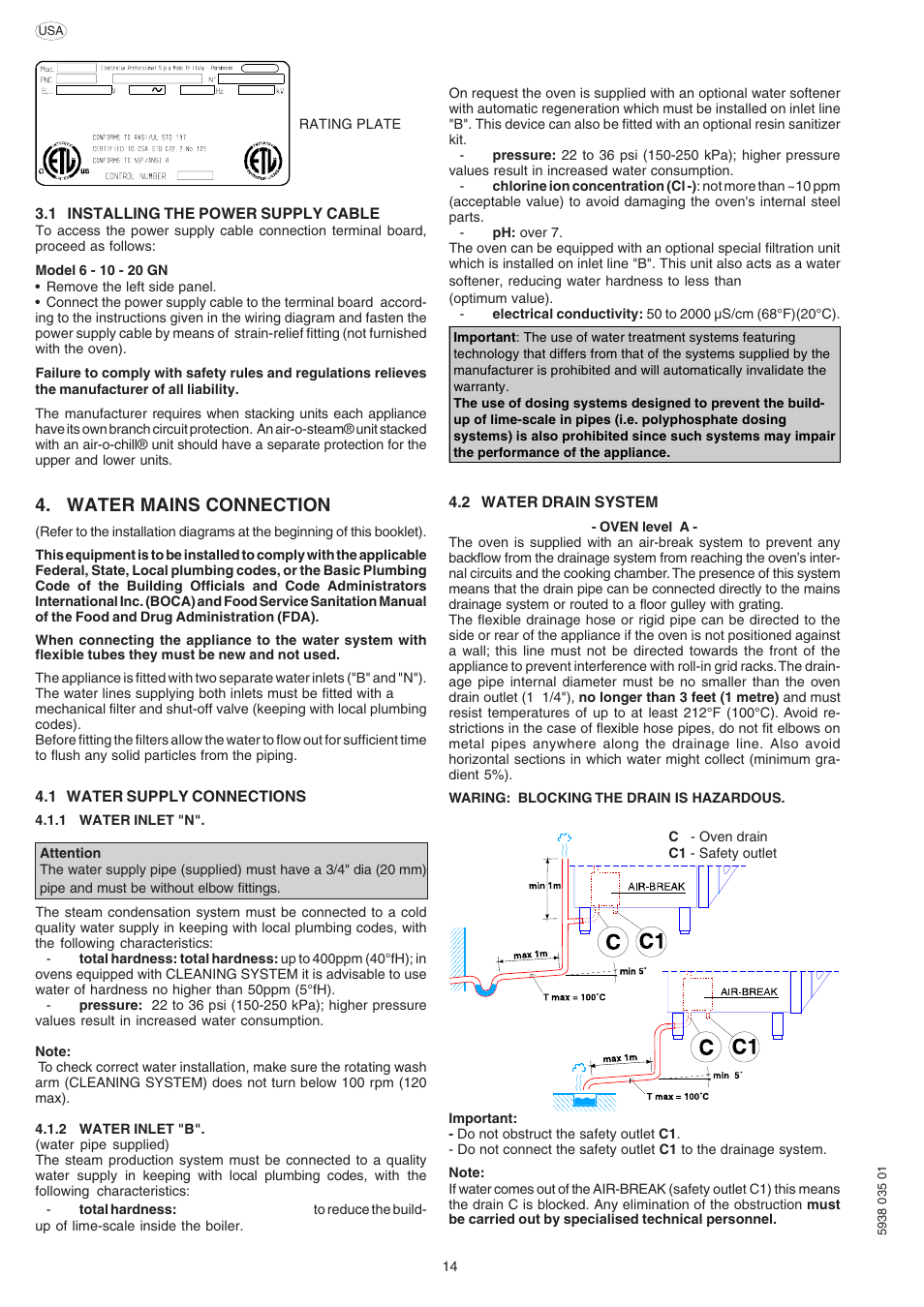 Water mains connection | Electrolux Air-O-Convect 269091 User Manual | Page 14 / 30