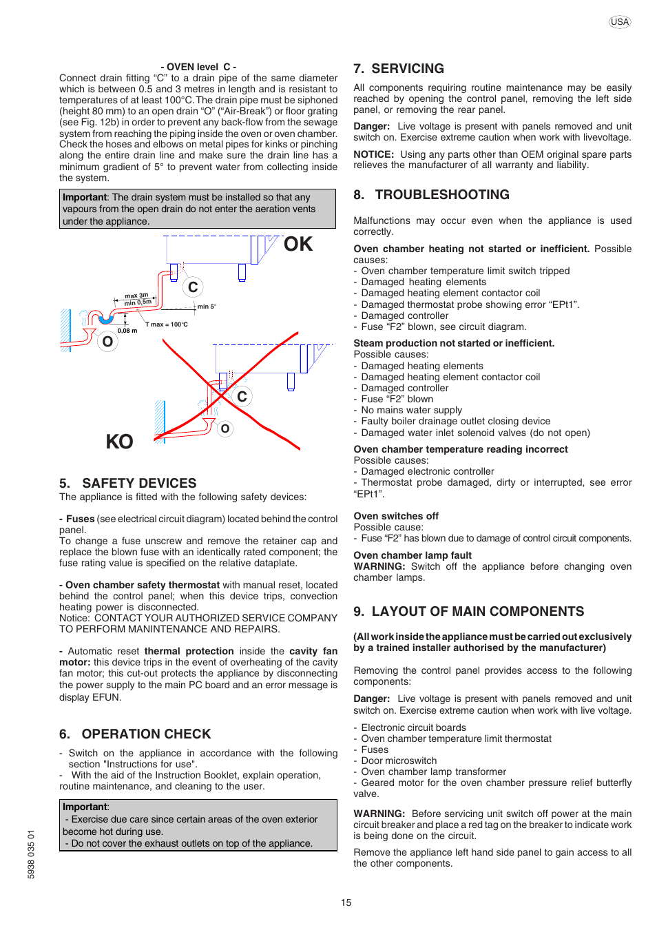 Safety devices, Operation check, Servicing | Troubleshooting, Layout of main components | Electrolux Air-O-Convect 269091 User Manual | Page 15 / 30