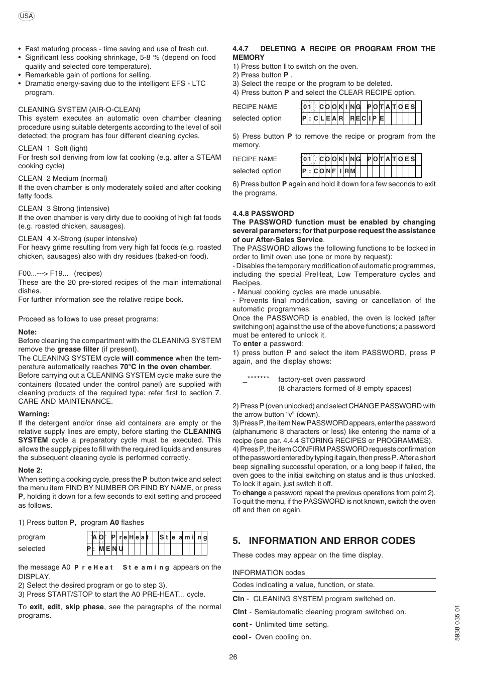 Information and error codes | Electrolux Air-O-Convect 269091 User Manual | Page 26 / 30