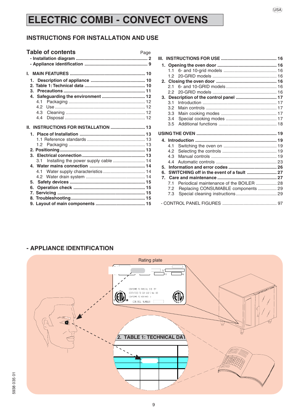 267082 - 267092 handbook.pdf, Electric combi - convect ovens, Appliance identification | Electrolux Air-O-Convect 269091 User Manual | Page 9 / 30