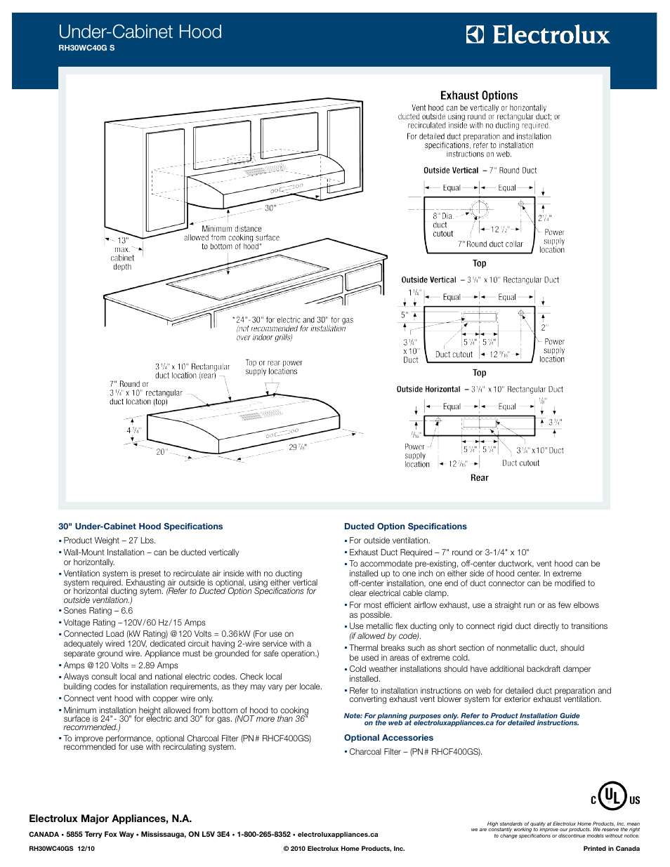 Under-cabinet hood, Electrolux major appliances, n.a | Electrolux RH30WC40GS User Manual | Page 2 / 2