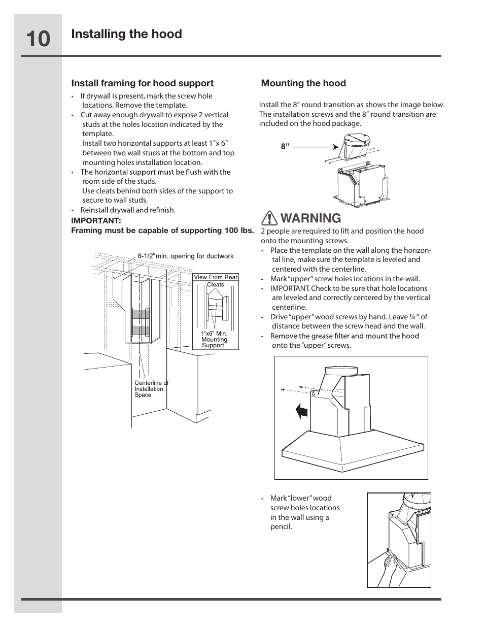 Installing the hood | Electrolux RH30WC55GSB User Manual | Page 10 / 21