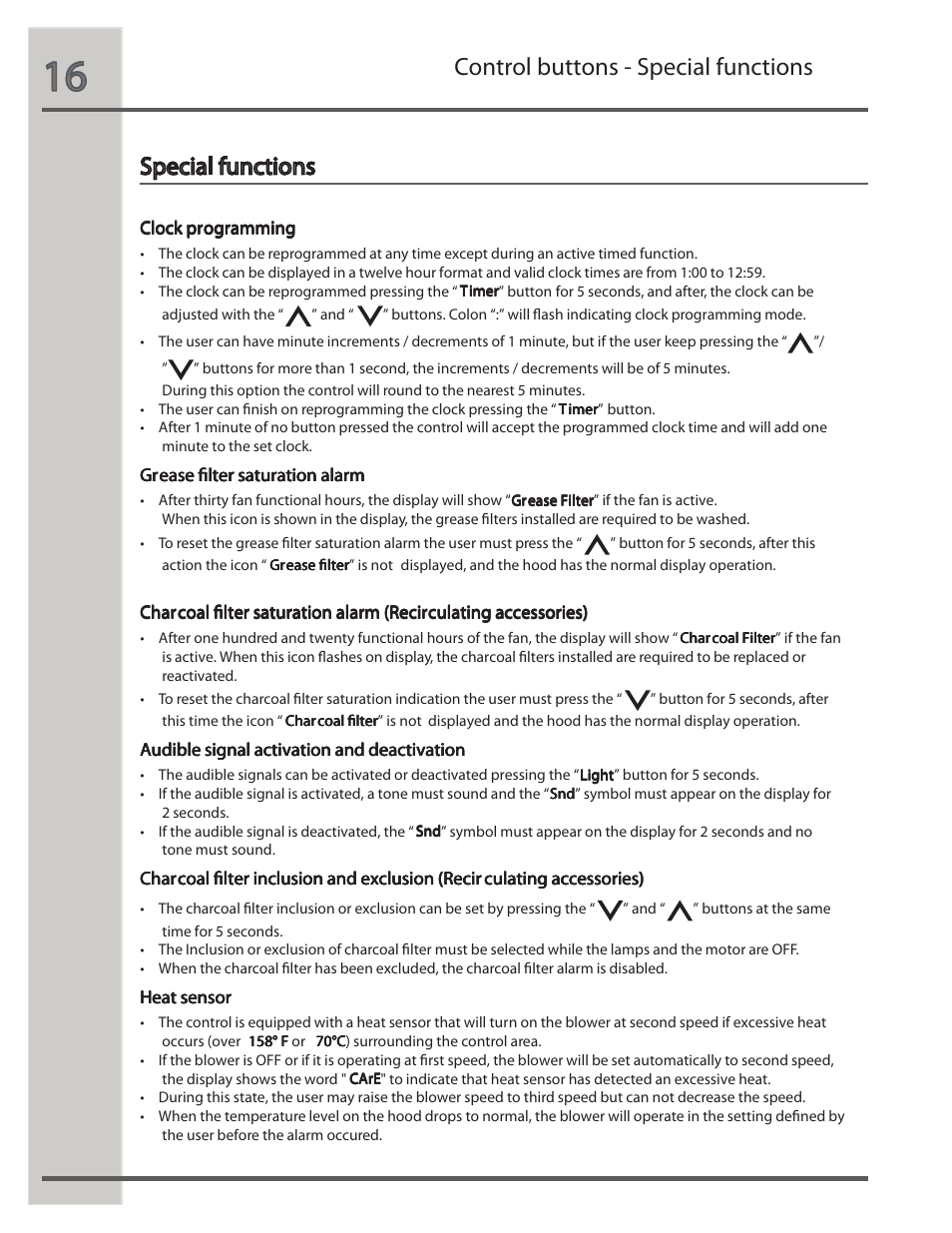 Special functions, Control buttons - special functions | Electrolux RH30WC55GSB User Manual | Page 16 / 21