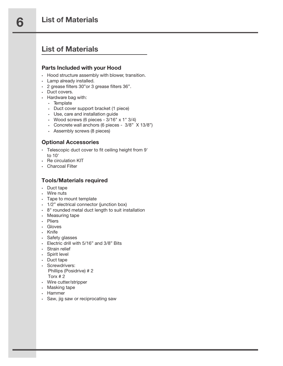List of materials | Electrolux RH30WC55GSB User Manual | Page 6 / 21