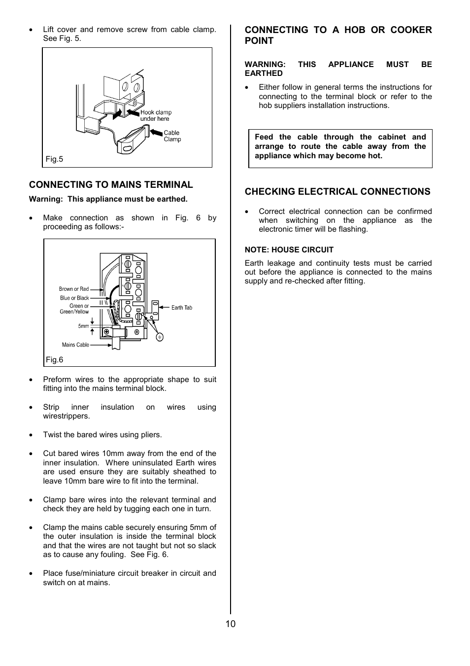 Connecting to mains terminal, Connecting to a hob or cooker point, Checking electrical connections | Electrolux U20411 EPDOM User Manual | Page 10 / 36