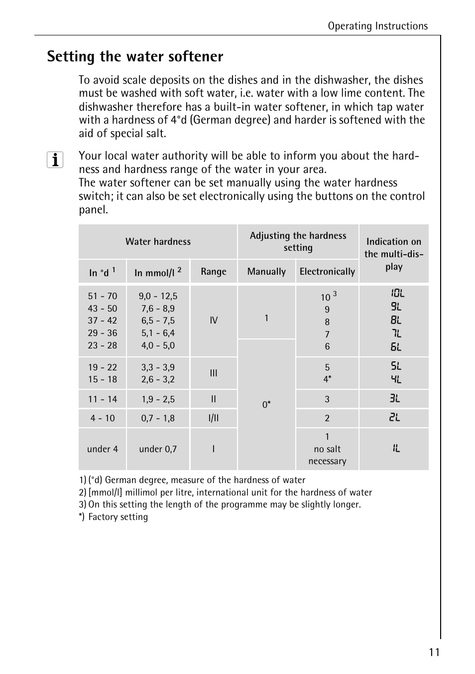 Setting the water softener | Electrolux 60830 User Manual | Page 11 / 52