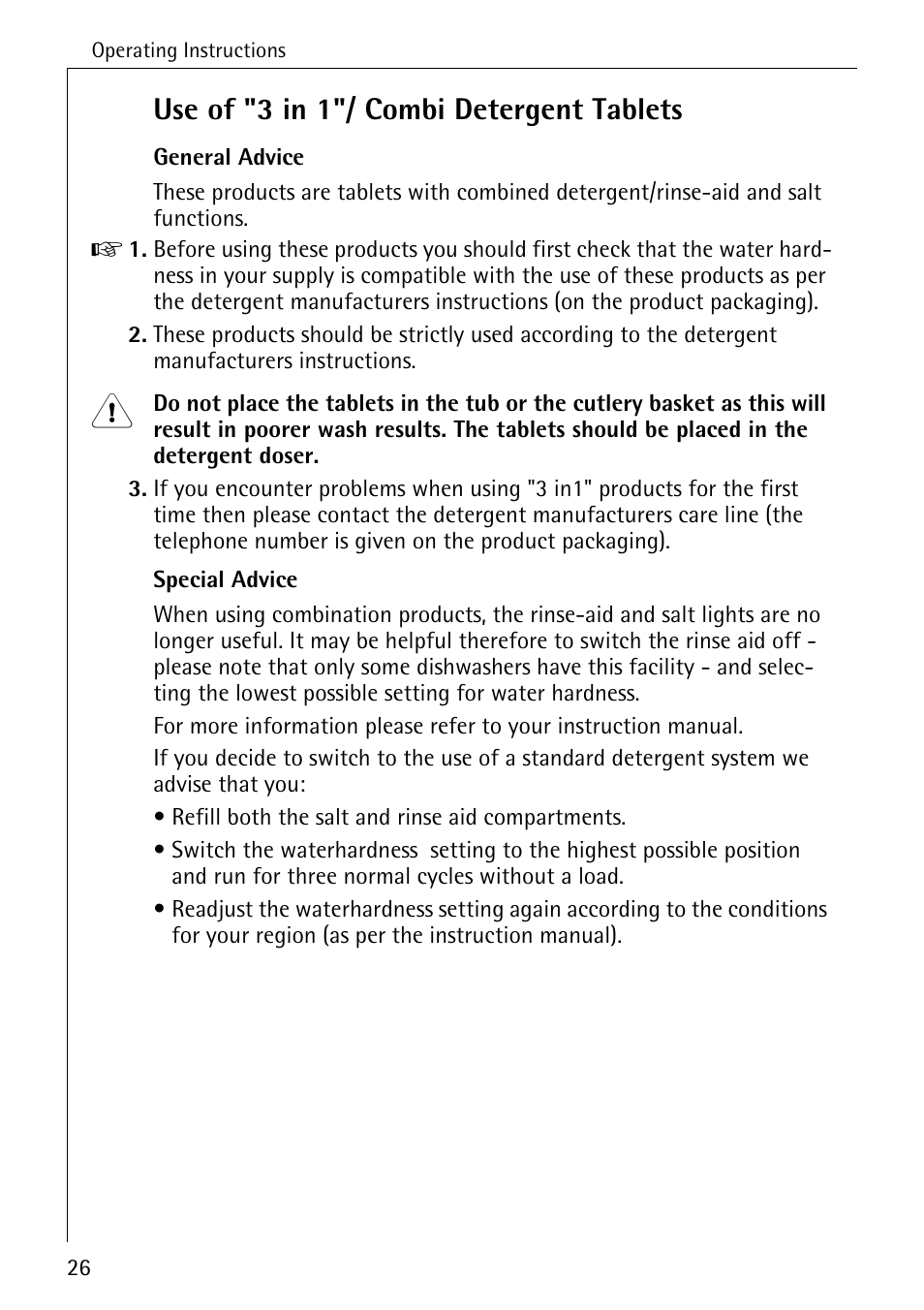 Use of "3 in 1"/ combi detergent tablets | Electrolux 60830 User Manual | Page 26 / 52