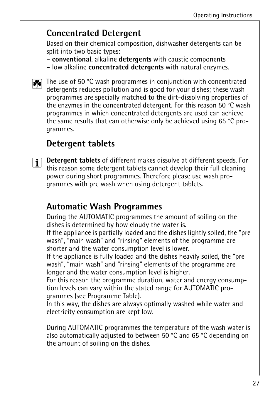 Concentrated detergent, Detergent tablets, Automatic wash programmes | Electrolux 60830 User Manual | Page 27 / 52