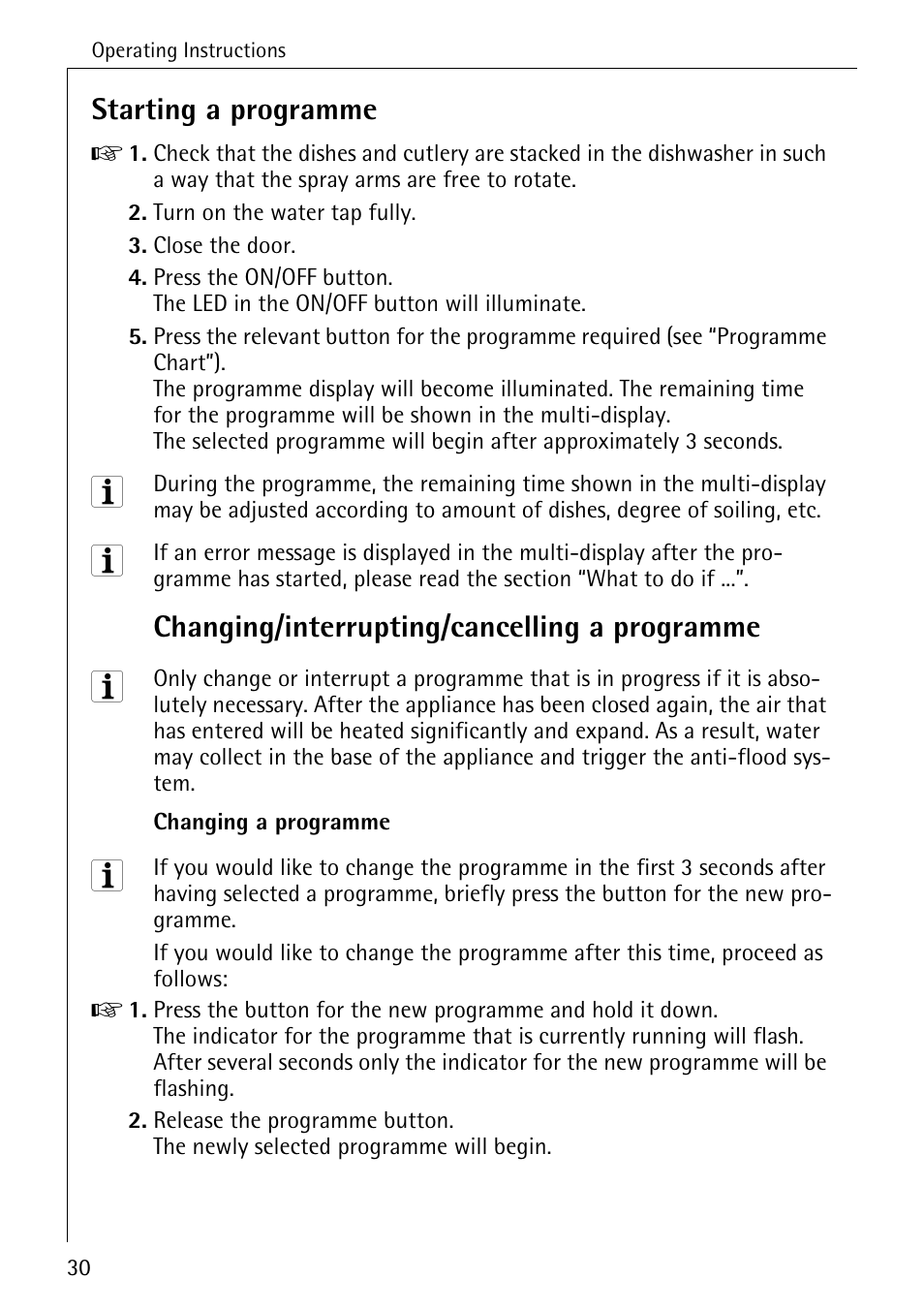 Starting a programme, Changing/interrupting/cancelling a programme | Electrolux 60830 User Manual | Page 30 / 52