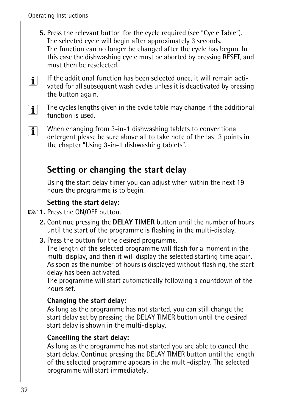 Setting or changing the start delay | Electrolux 60830 User Manual | Page 32 / 52