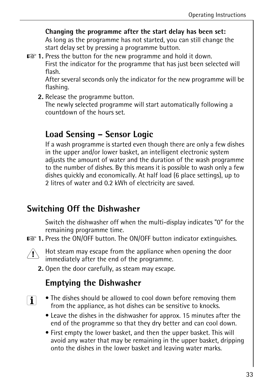 Load sensing – sensor logic, Switching off the dishwasher, Emptying the dishwasher | Electrolux 60830 User Manual | Page 33 / 52