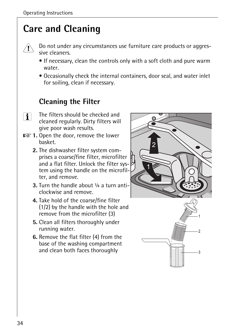 Care and cleaning, Cleaning the filter | Electrolux 60830 User Manual | Page 34 / 52