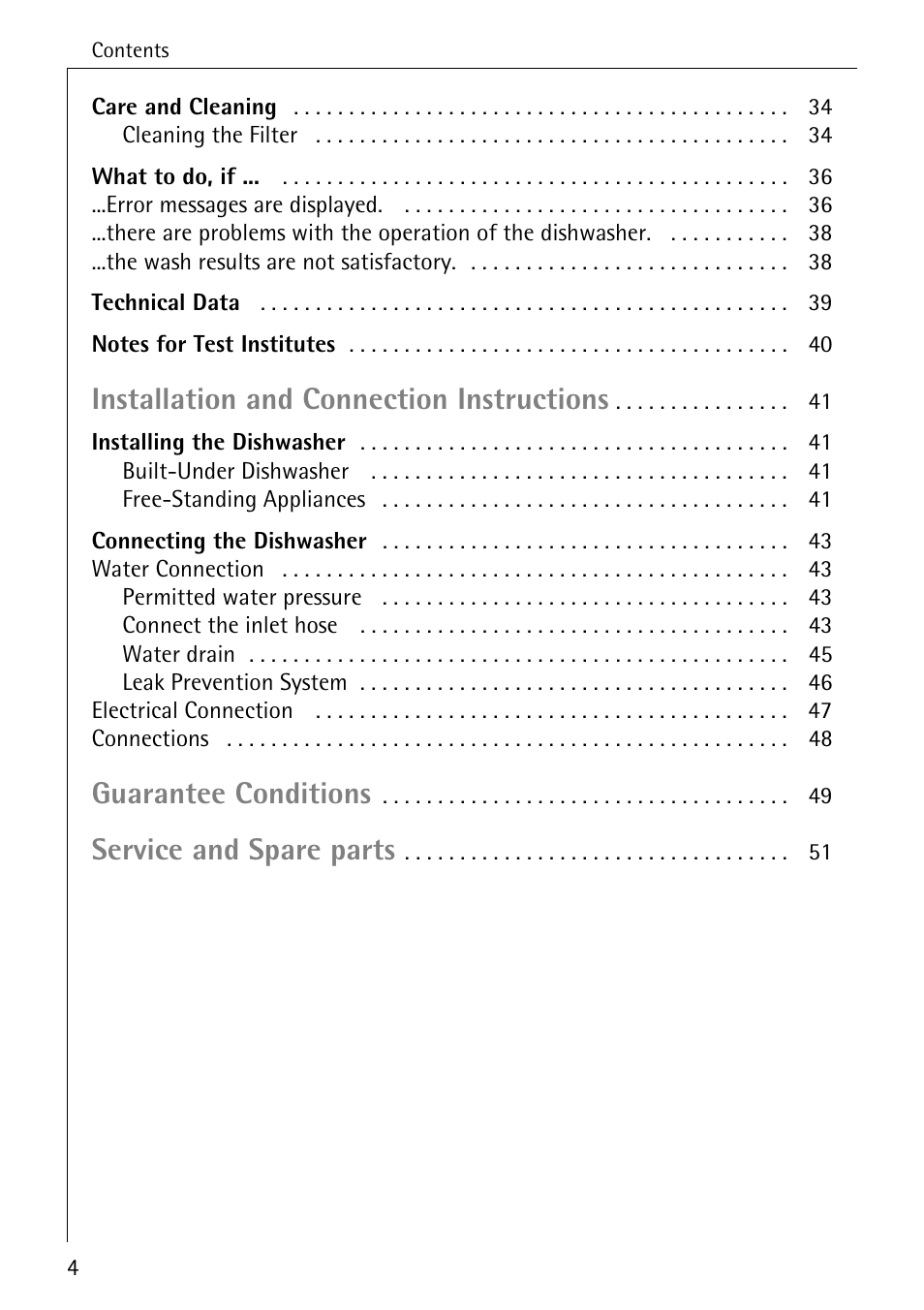 Installation and connection instructions, Guarantee conditions, Service and spare parts | Electrolux 60830 User Manual | Page 4 / 52