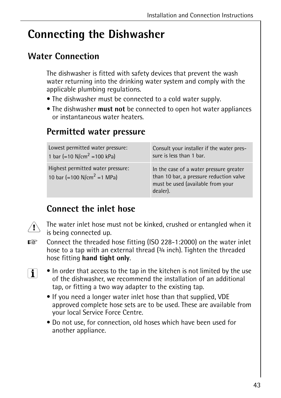 Connecting the dishwasher, Water connection, Permitted water pressure connect the inlet hose | Electrolux 60830 User Manual | Page 43 / 52