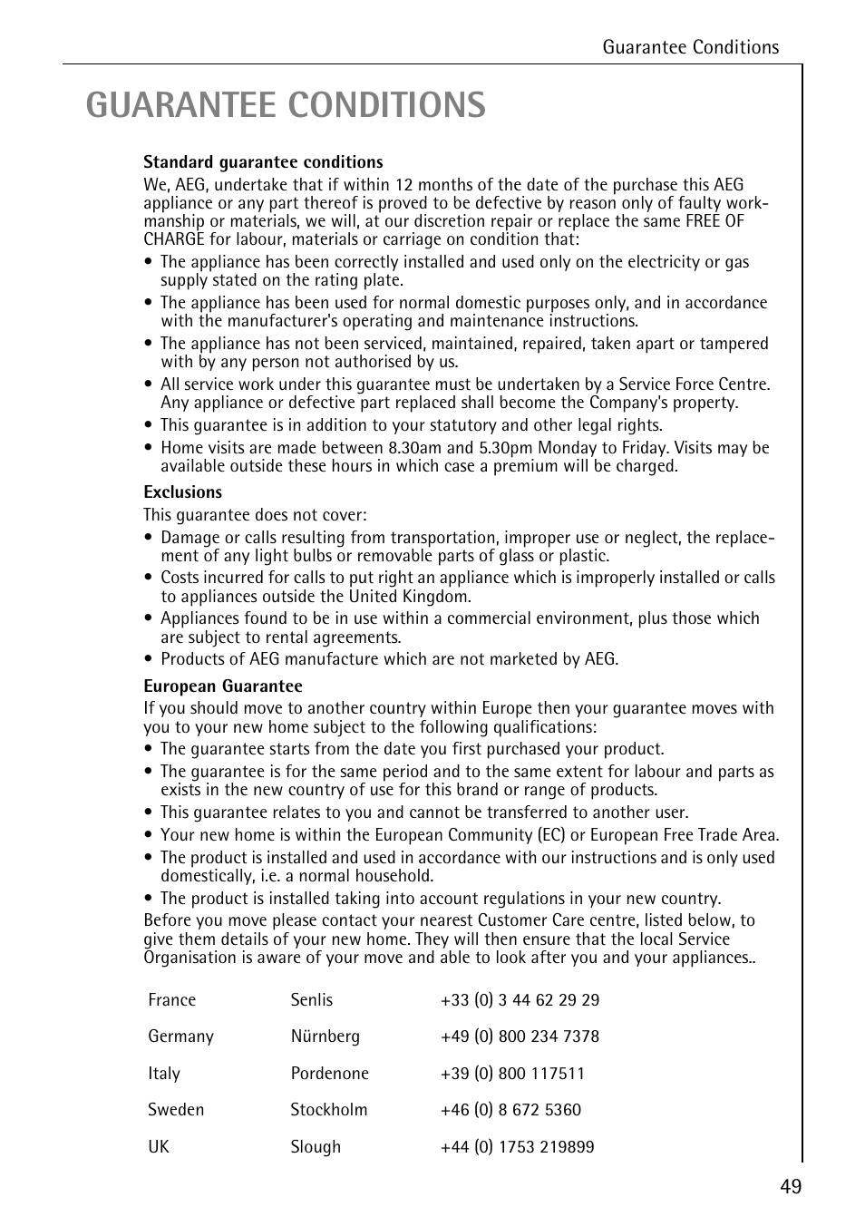 Guarantee conditions | Electrolux 60830 User Manual | Page 49 / 52