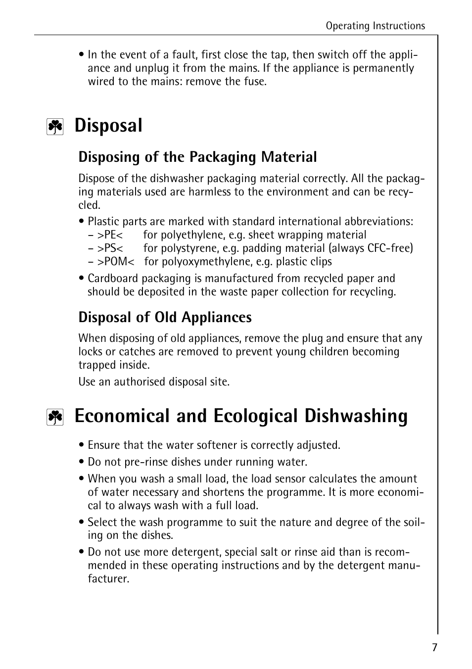 Disposal, Economical and ecological dishwashing, Disposing of the packaging material | Disposal of old appliances | Electrolux 60830 User Manual | Page 7 / 52