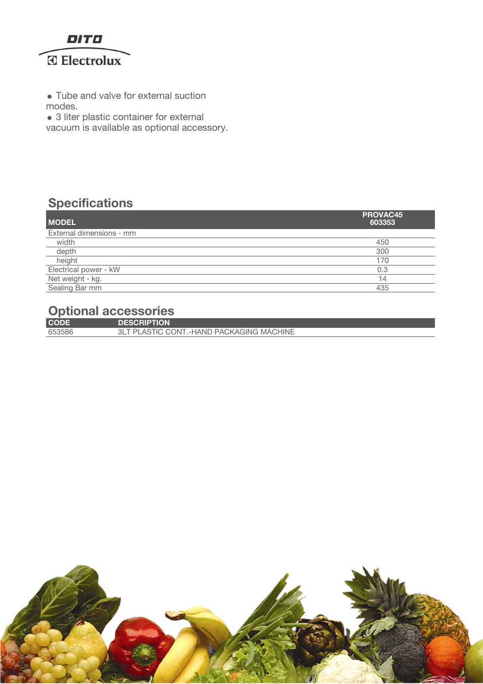 Specifications, Optional accessories | Electrolux Dito PROVAC45 User Manual | Page 2 / 3