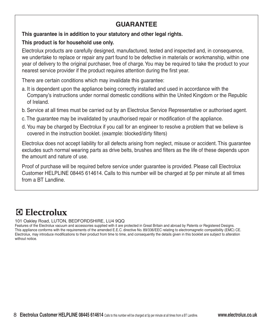 Guarantee | Electrolux Z3040 Series User Manual | Page 10 / 12