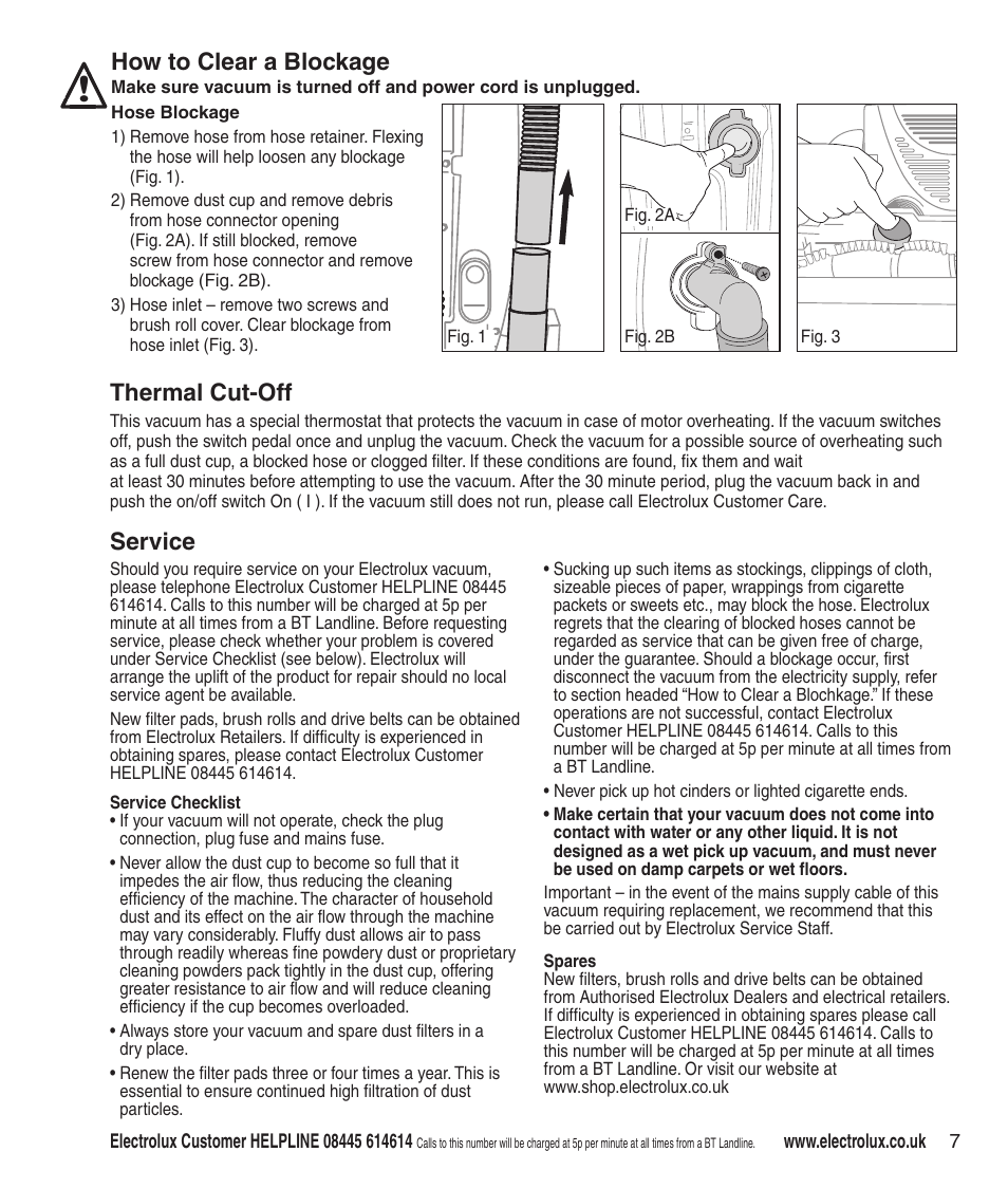 Thermal cut-off, Service, How to clear a blockage | Electrolux Z3040 Series User Manual | Page 9 / 12