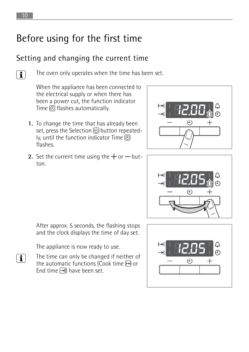 Before using for the first time, Setting and changing the current time | Electrolux B3101-5 User Manual | Page 10 / 56