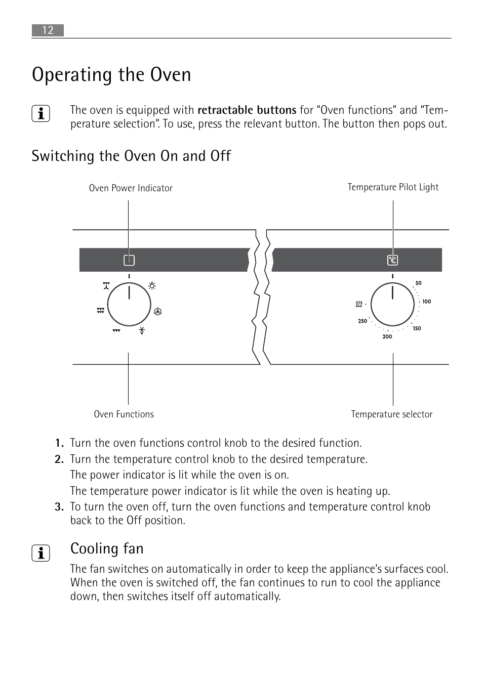 Operating the oven 3, Switching the oven on and off, Cooling fan | Electrolux B3101-5 User Manual | Page 12 / 56