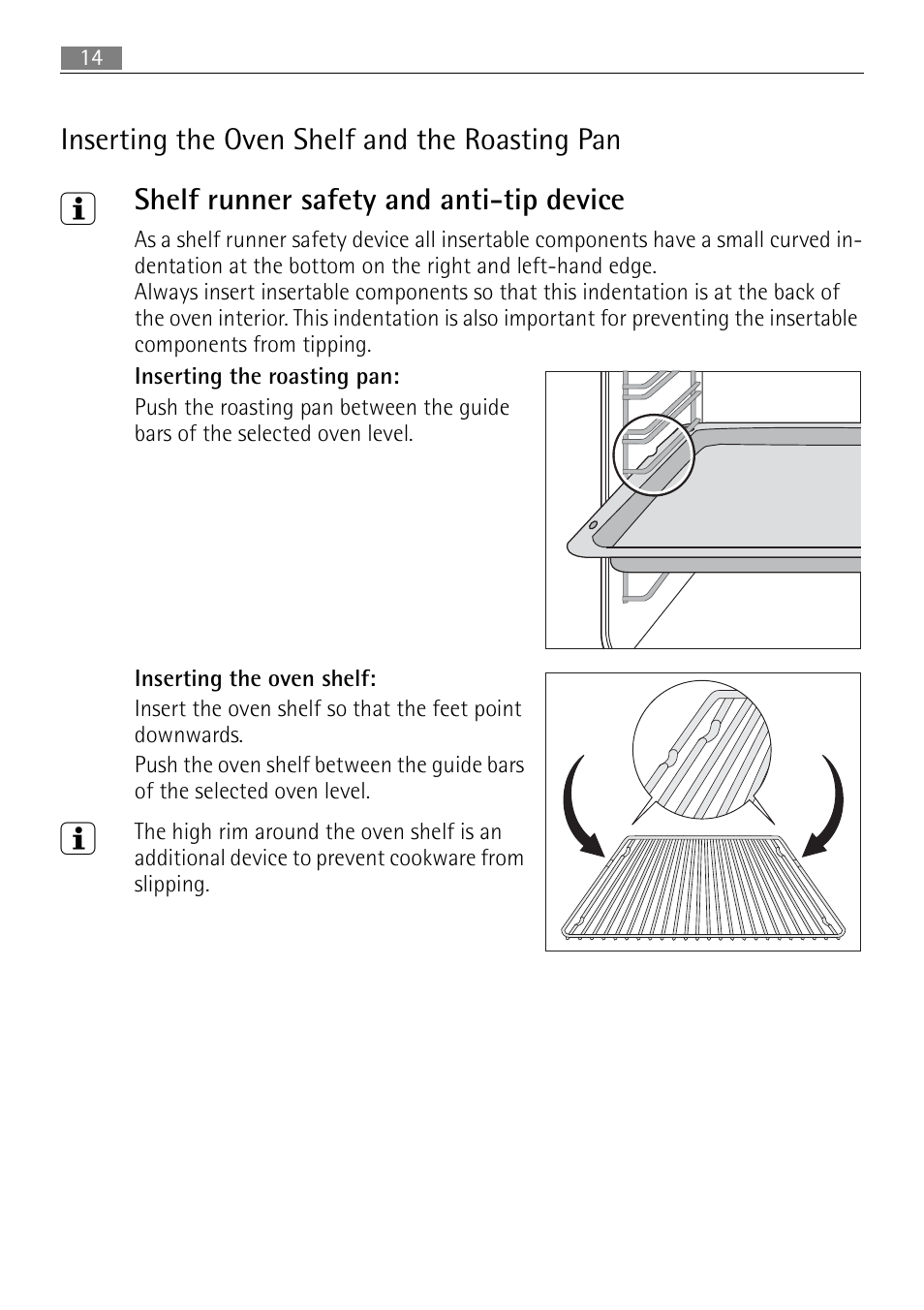 Inserting the oven shelf and the roasting pan, Shelf runner safety and anti-tip device | Electrolux B3101-5 User Manual | Page 14 / 56