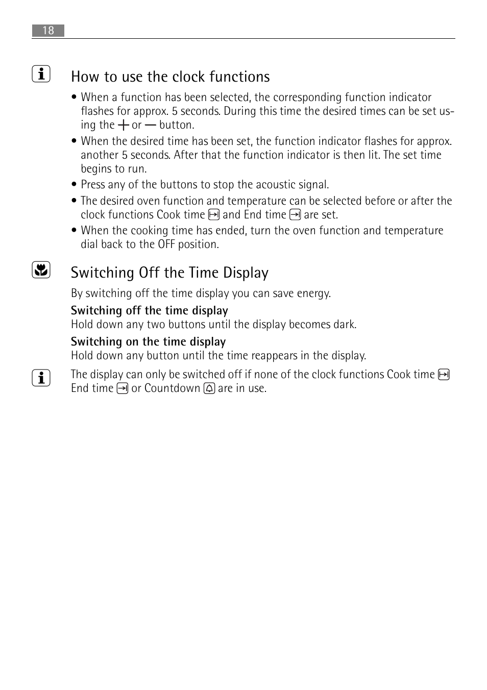 How to use the clock functions, Switching off the time display | Electrolux B3101-5 User Manual | Page 18 / 56