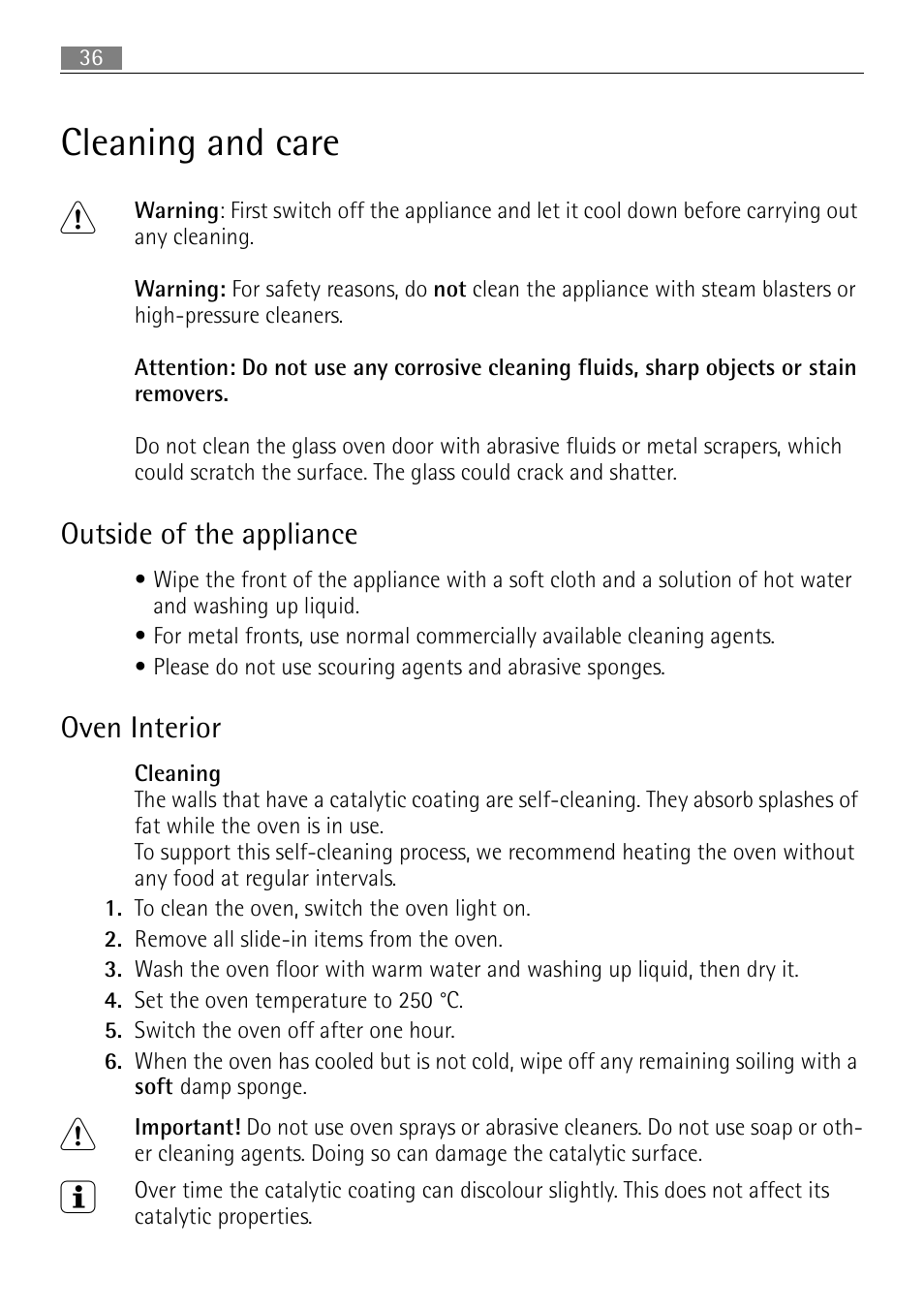 Cleaning and care 1, Outside of the appliance, Oven interior | Electrolux B3101-5 User Manual | Page 36 / 56