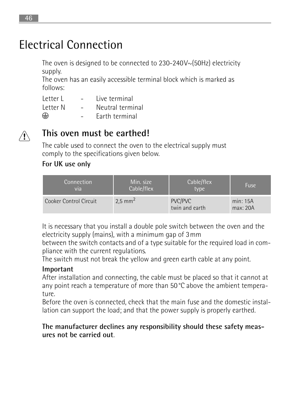 Electrical connection, This oven must be earthed | Electrolux B3101-5 User Manual | Page 46 / 56