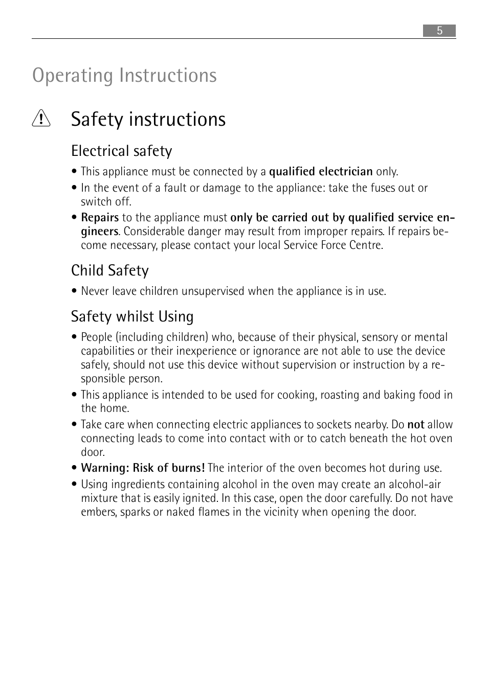 Operating instructions 1 safety instructions, Electrical safety, Child safety | Safety whilst using | Electrolux B3101-5 User Manual | Page 5 / 56