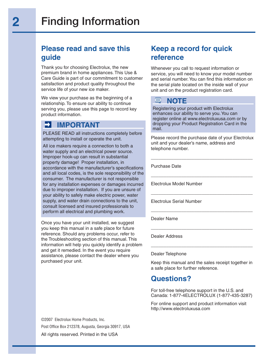 Finding information, Please read and save this guide, Keep a record for quick reference questions | Important | Electrolux EI15IM55GS User Manual | Page 2 / 22