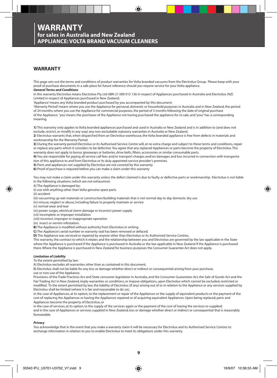 Warranty | Electrolux VOLTA POWERLITE U3701 User Manual | Page 10 / 12