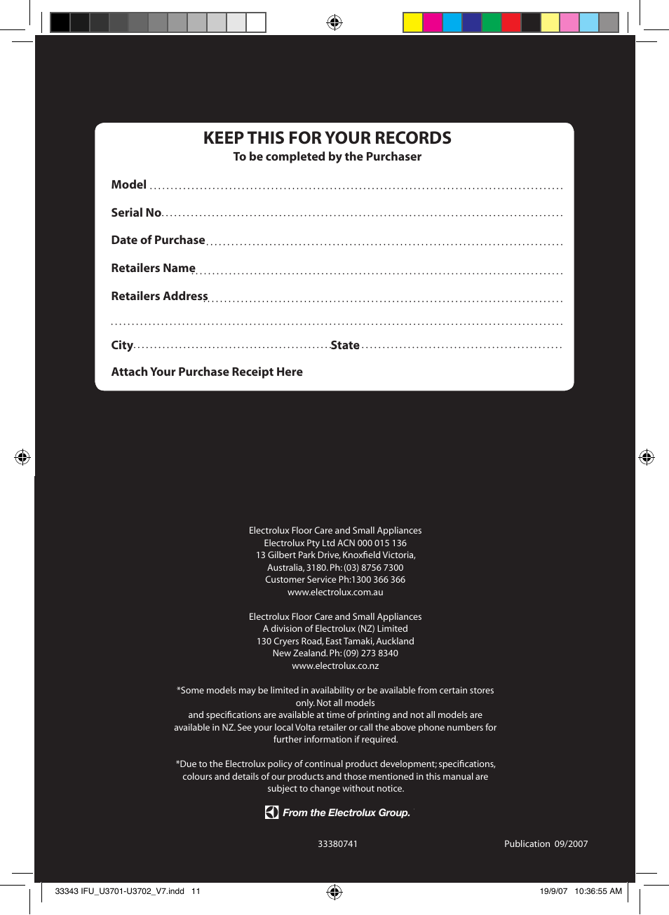 Keep this for your records | Electrolux VOLTA POWERLITE U3701 User Manual | Page 12 / 12