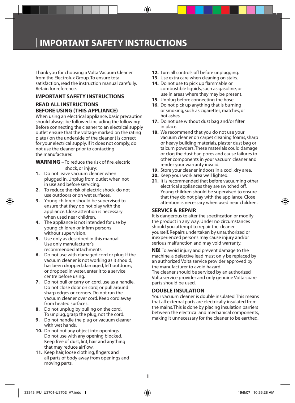 Important safety instructions | Electrolux VOLTA POWERLITE U3701 User Manual | Page 2 / 12