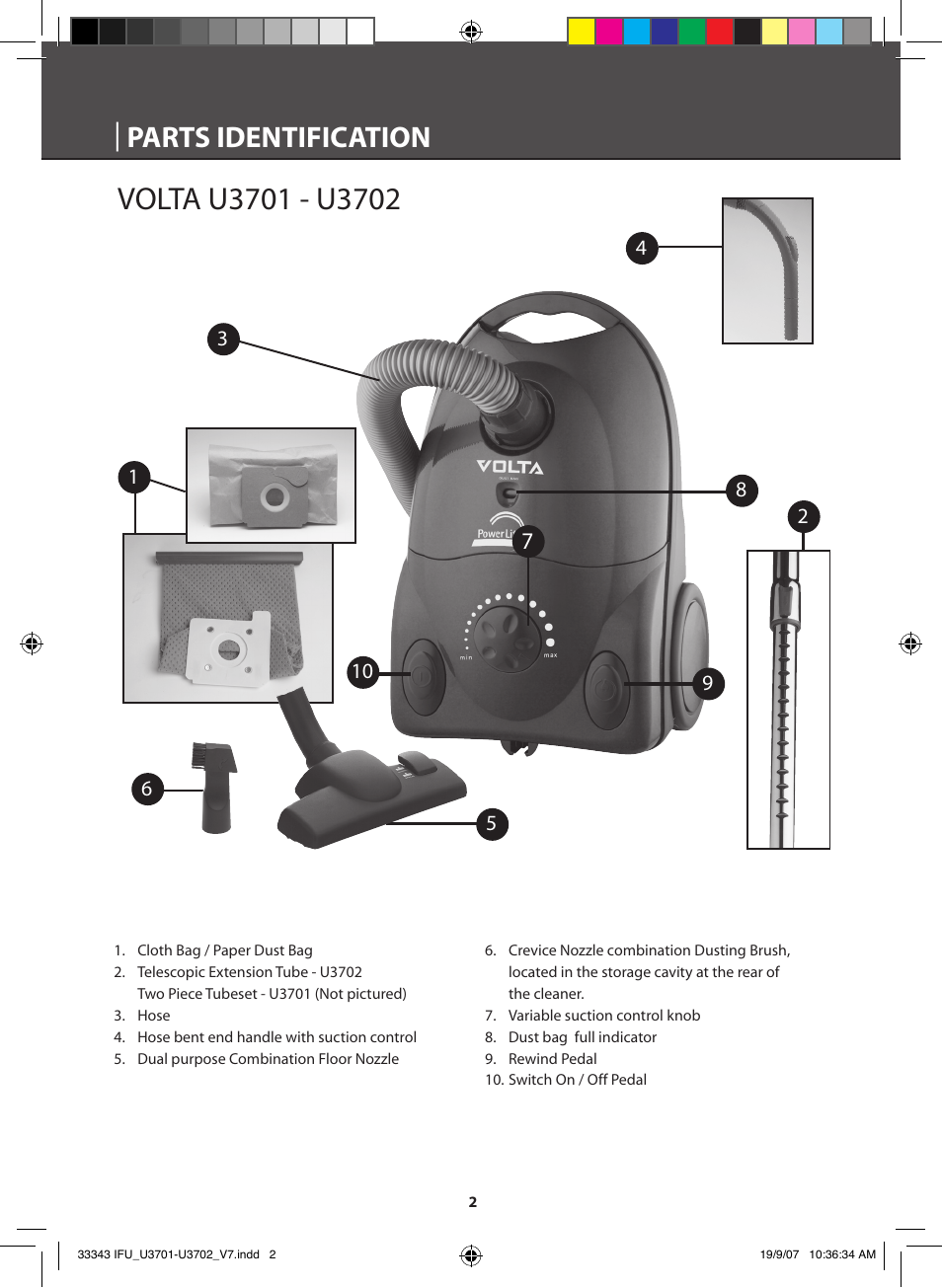 Parts identification | Electrolux VOLTA POWERLITE U3701 User Manual | Page 3 / 12